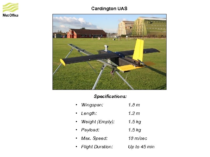 Cardington UAS Specifications: • Wingspan: 1. 8 m • Length: 1. 2 m •