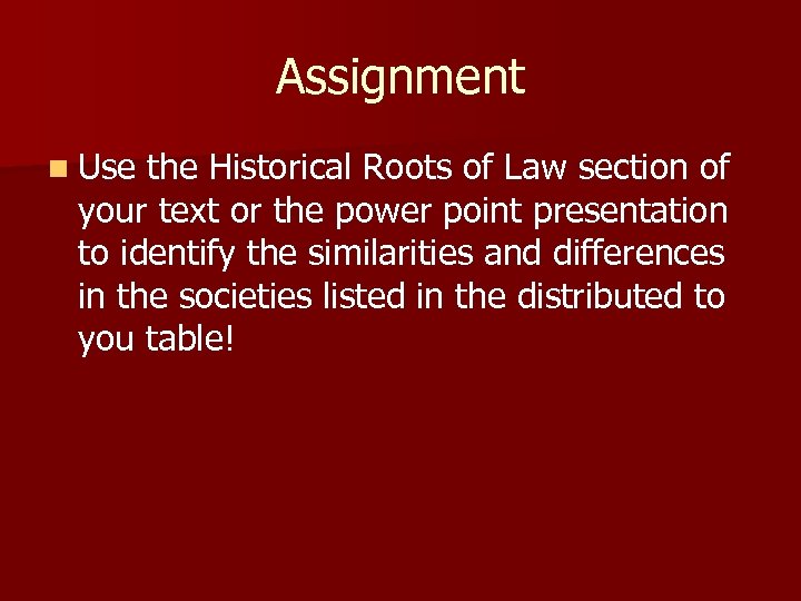 Assignment n Use the Historical Roots of Law section of your text or the