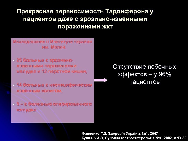 Прекрасная переносимость Тардиферона у пациентов даже с эрозивно-язвенными поражениями жкт Исследование в Институте терапии