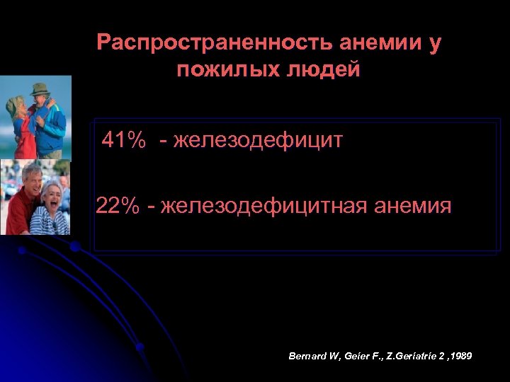 Распространенность анемии у пожилых людей 41% - железодефицит 22% - железодефицитная анемия Bernard W,