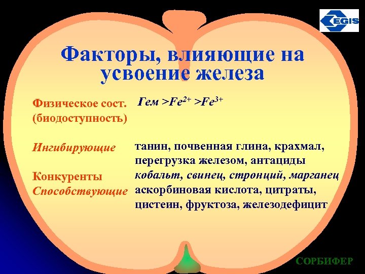 Факторы, влияющие на усвоение железа Физическое сост. Гем >Fe 2+ >Fe 3+ (биодоступность) танин,