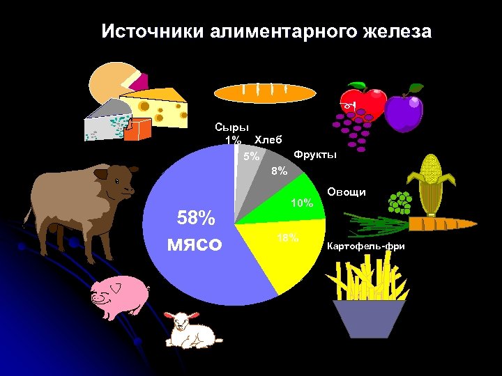 Источники алиментарного железа Сыры 1% Хлеб Фрукты 5% 8% 58% мясо 10% 18% Овощи