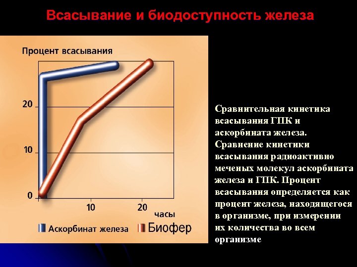 Всасывание и биодоступность железа Сравнительная кинетика всасывания ГПК и аскорбината железа. Сравнение кинетики всасывания