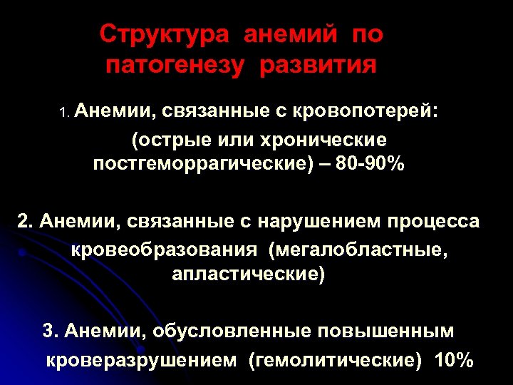 Структура анемий по патогенезу развития 1. Анемии, связанные с кровопотерей: (острые или хронические постгеморрагические)