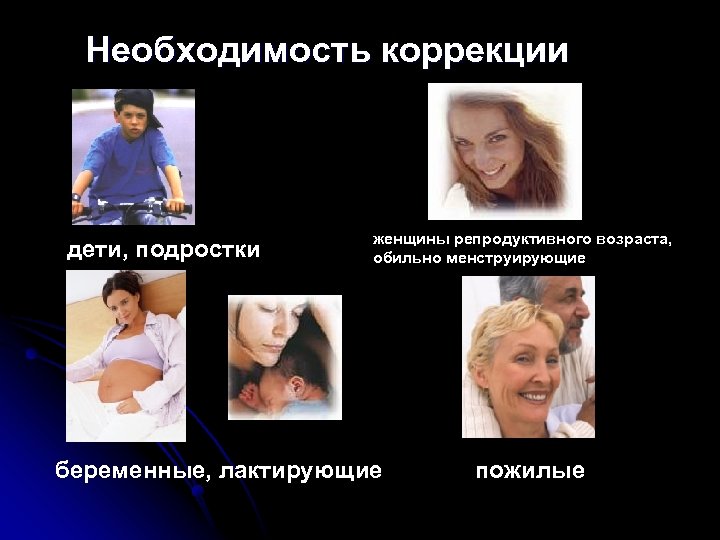 Необходимость коррекции дети, подростки женщины репродуктивного возраста, обильно менструирующие беременные, лактирующие пожилые 