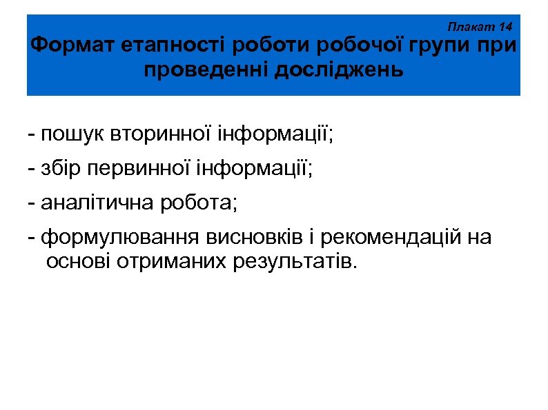 Плакат 14 Формат етапності роботи робочої групи проведенні досліджень - пошук вторинної інформації; -