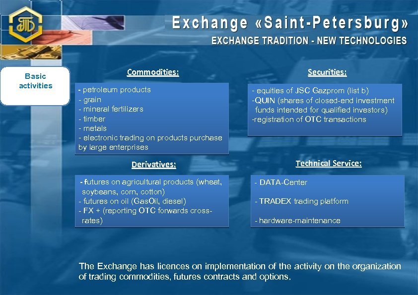 Basic activities Commodities: - petroleum products - grain - mineral fertilizers - timber -