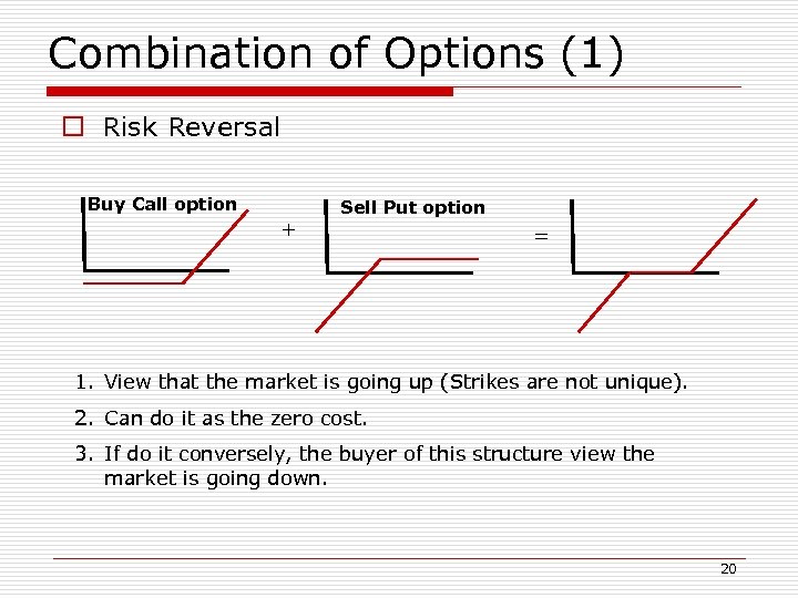 Combination of Options (1) o Risk Reversal Buy Call option + Sell Put option
