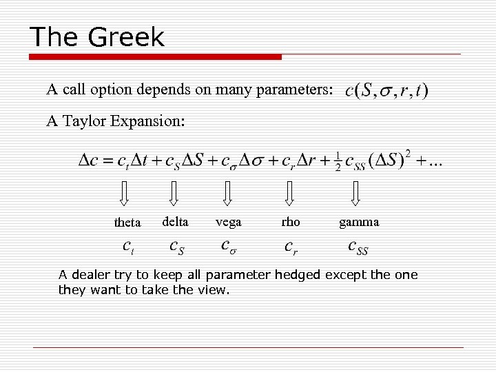 The Greek A call option depends on many parameters: A Taylor Expansion: theta delta