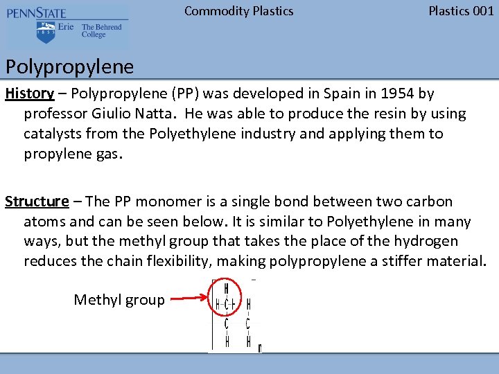 Commodity Plastics 001 Polypropylene History – Polypropylene (PP) was developed in Spain in 1954