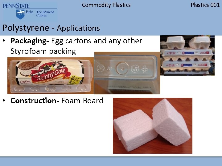 Commodity Plastics Polystyrene - Applications • Packaging- Egg cartons and any other Styrofoam packing