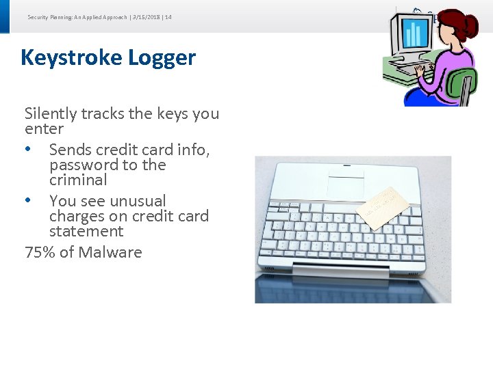 Security Planning: An Applied Approach | 3/15/2018 | 14 Keystroke Logger Silently tracks the