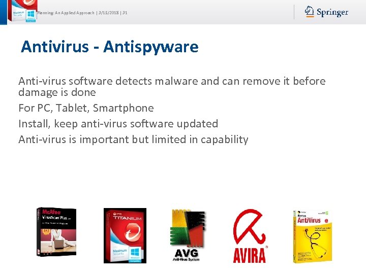 Security Planning: An Applied Approach | 3/15/2018 | 31 Antivirus - Antispyware Anti-virus software