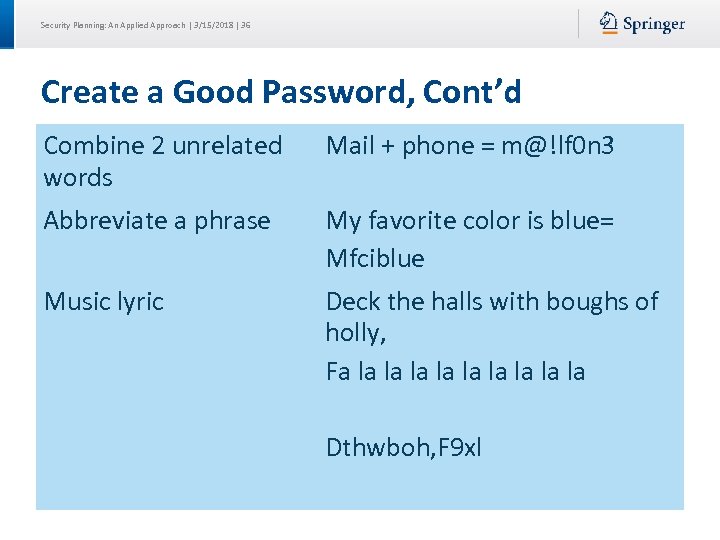 Security Planning: An Applied Approach | 3/15/2018 | 36 Create a Good Password, Cont’d