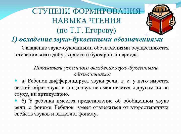 СТУПЕНИ ФОРМИРОВАНИЯ НАВЫКА ЧТЕНИЯ (по Т. Г. Егорову) 1) овладение звуко-буквенными обозначениями Овладение звуко-буквенными