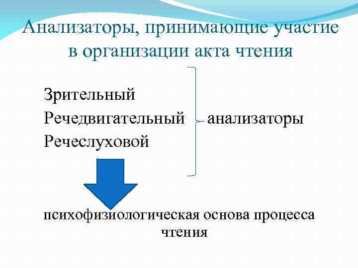 Анализаторы, принимающие участие в организации акта чтения Зрительный Речедвигательный Речеслуховой анализаторы психофизиологическая основа процесса