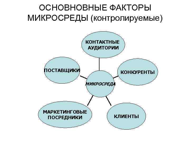 ОСНОВНОВНЫЕ ФАКТОРЫ МИКРОСРЕДЫ (контролируемые) КОНТАКТНЫЕ АУДИТОРИИ ПОСТАВЩИКИ КОНКУРЕНТЫ МИКРОСРЕДА МАРКЕТИНГОВЫЕ ПОСРЕДНИКИ КЛИЕНТЫ 