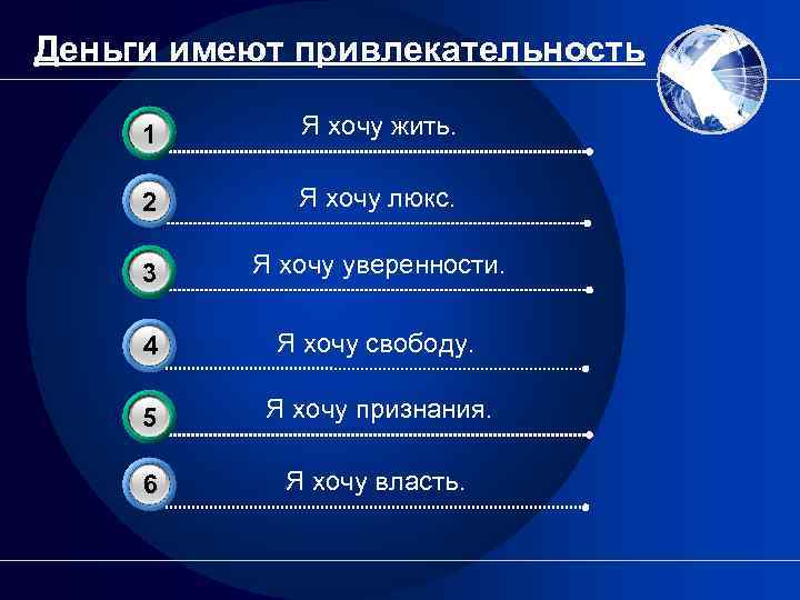 Деньги имеют привлекательность 3 1 Я хочу жить. 2 Я хочу люкс. 3 Я