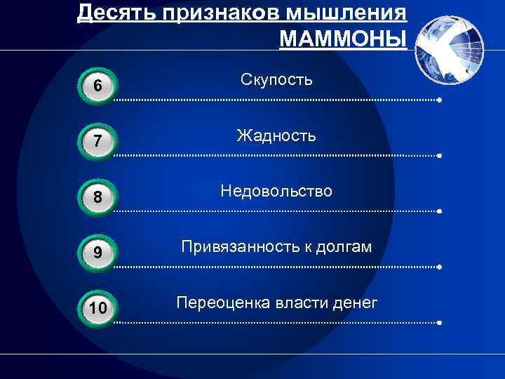 Десять признаков мышления МАММОНЫ 3 6 Скупость 3 7 Жадность 8 3 Недовольство 9