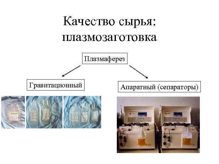 Качество сырья: плазмозаготовка Плазмаферез Гравитационный Апаратный (сепараторы) 