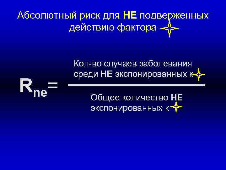 Абсолютный риск для НЕ подверженных действию фактора Rne= Кол-во случаев заболевания среди НЕ экспонированных
