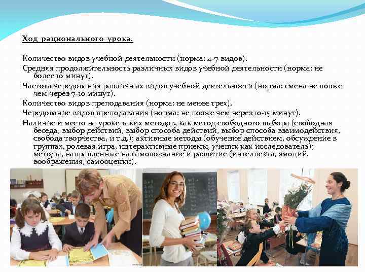 Ход рационального урока. Количество видов учебной деятельности (норма: 4 7 видов). Средняя продолжительность различных