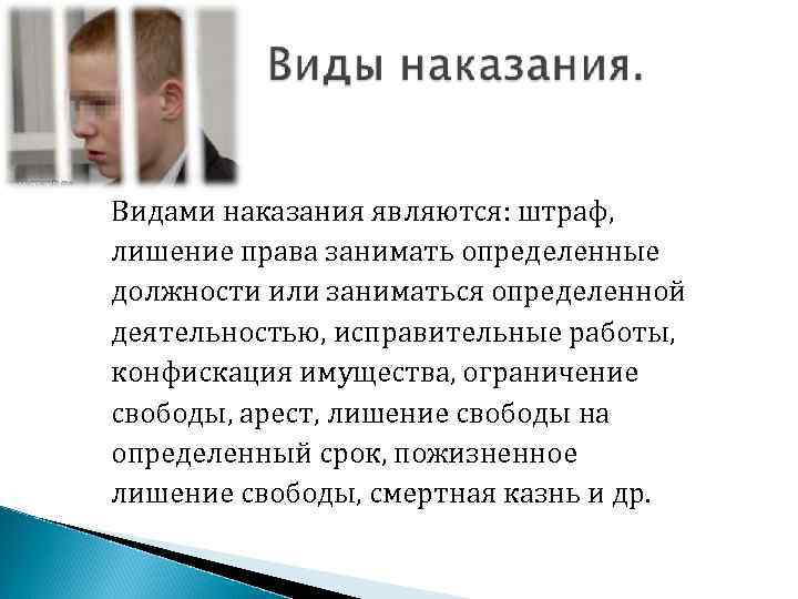 Видами наказания являются: штраф, лишение права занимать определенные должности или заниматься определенной деятельностью, исправительные