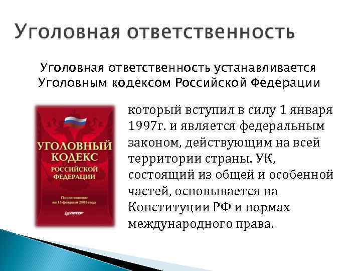 Уголовная ответственность устанавливается Уголовным кодексом Российской Федерации который вступил в силу 1 января 1997