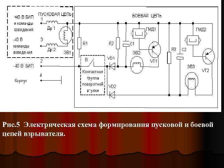 Рис. 5 Электрическая схема формирования пусковой и боевой цепей взрывателя. 