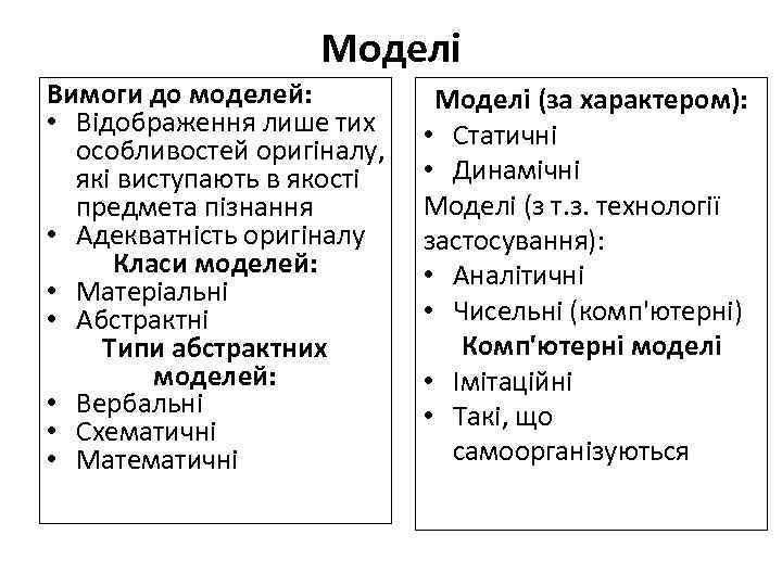 Моделі Вимоги до моделей: • Відображення лише тих особливостей оригіналу, які виступають в якості