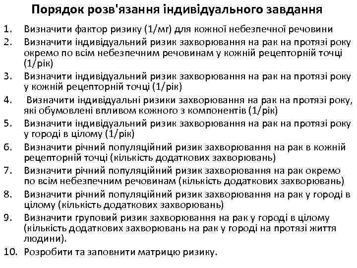 Порядок розв'язання індивідуального завдання 1. 2. Визначити фактор ризику (1/мг) для кожної небезпечної речовини