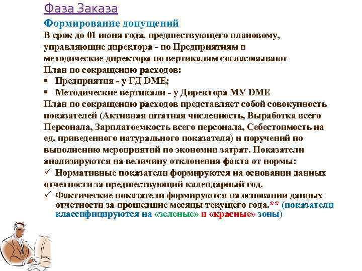Фаза Заказа Формирование допущений В срок до 01 июня года, предшествующего плановому, управляющие директора