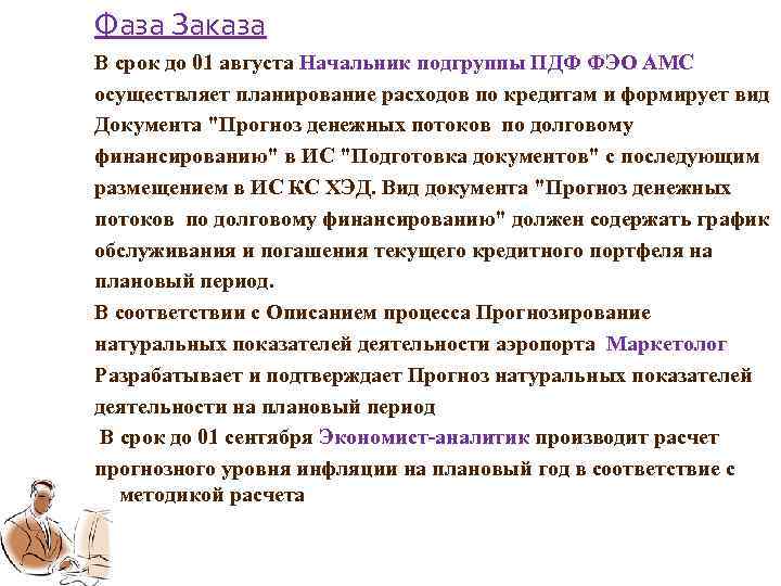 Фаза Заказа В срок до 01 августа Начальник подгруппы ПДФ ФЭО АМС осуществляет планирование
