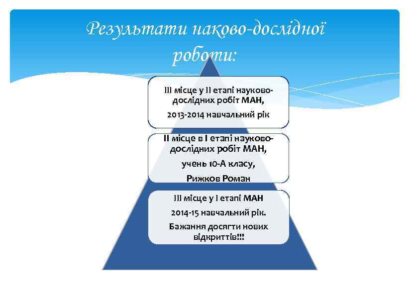 Результати наково-дослідної роботи: III місце у II етапі науководослідних робіт МАН, 2013 -2014 навчальний