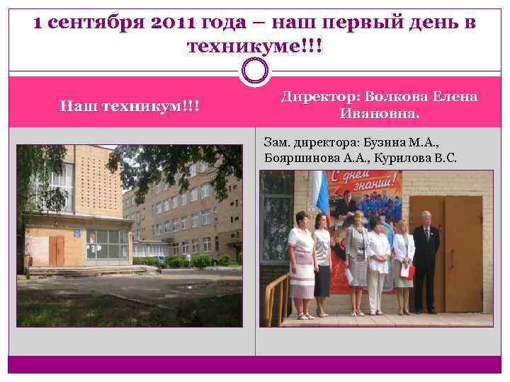 1 сентября 2011 года – наш первый день в техникуме!!! Наш техникум!!! Директор: Волкова