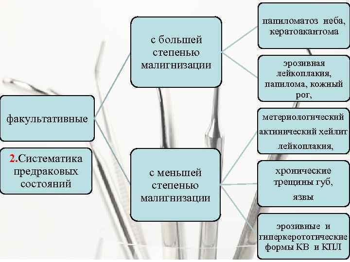 с большей степенью малигнизации папиломатоз неба, кератоакантома эрозивная лейкоплакия, папилома, кожный рог, метериологический актинический