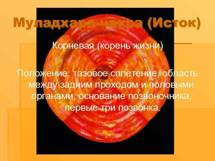 Муладхара-чакра (Исток) Корневая (корень жизни) Положение: тазовое сплетение, область между задним проходом и половыми