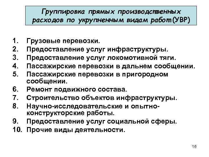 Группировка прямых производственных расходов по укрупненным видам работ (УВР) 1. 2. 3. 4. 5.