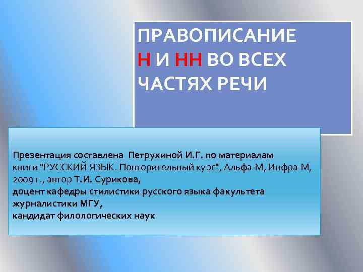 ПРАВОПИСАНИЕ Н И НН ВО ВСЕХ ЧАСТЯХ РЕЧИ Презентация составлена Петрухиной И. Г. по