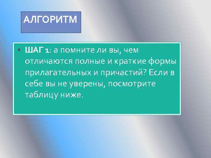 АЛГОРИТМ ШАГ 1: а помните ли вы, чем отличаются полные и краткие формы прилагательных