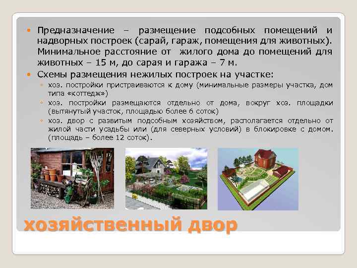 Предназначение – размещение подсобных помещений и надворных построек (сарай, гараж, помещения для животных). Минимальное