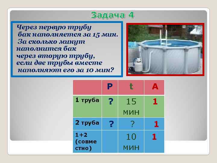 Задача 4 Через первую трубу бак наполняется за 15 мин. За сколько минут наполнится