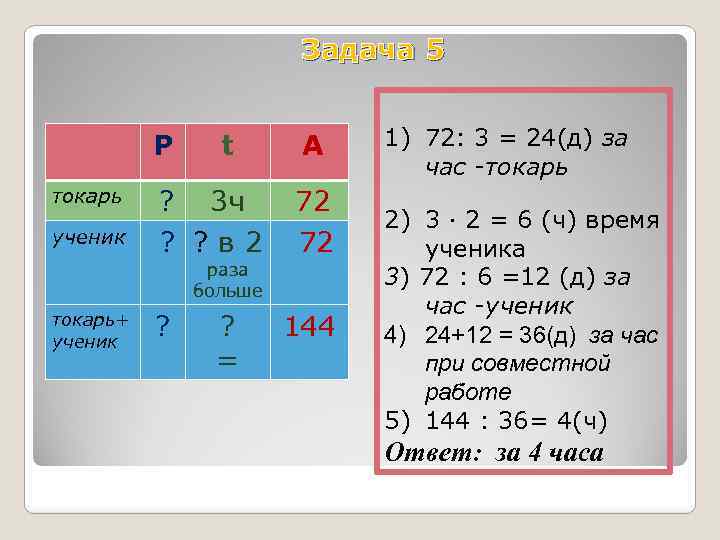 Задача 5 Р токарь ученик t ? 3 ч ? ? в 2 раза