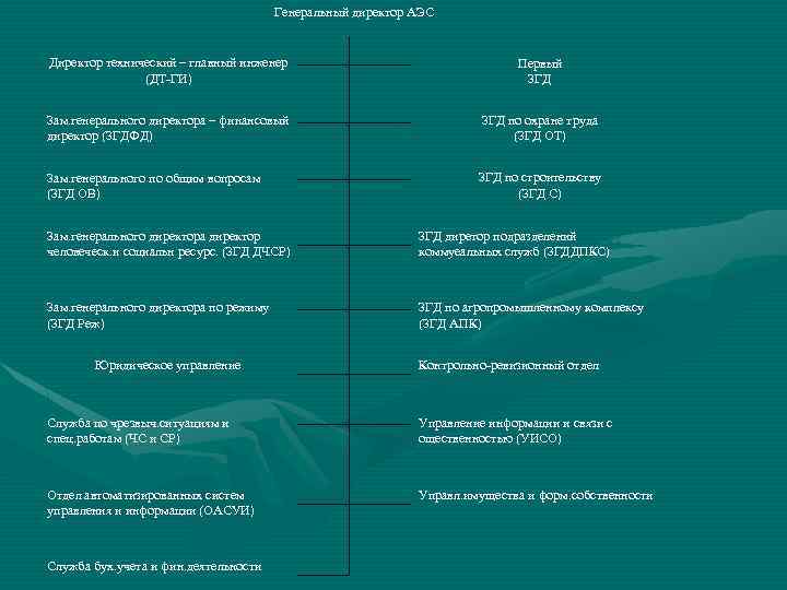 Генеральный директор АЭС Директор технический – главный инженер (ДТ-ГИ) Первый ЗГД Зам. генерального директора