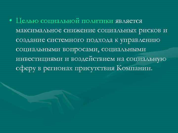  • Целью социальной политики является максимальное снижение социальных рисков и создание системного подхода