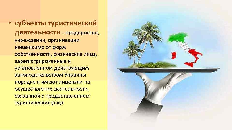  • субъекты туристической деятельности предприятия, учреждения, организации независимо от форм собственности, физические лица,