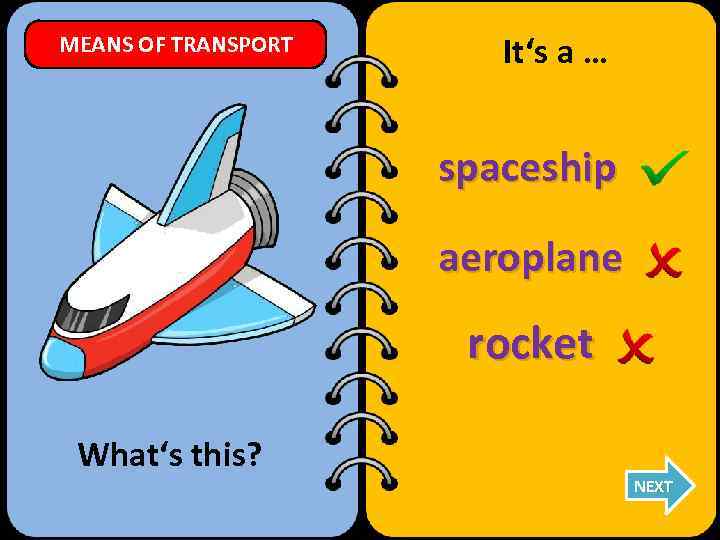 MEANS OF TRANSPORT It‘s a … spaceship aeroplane rocket What‘s this? NEXT 