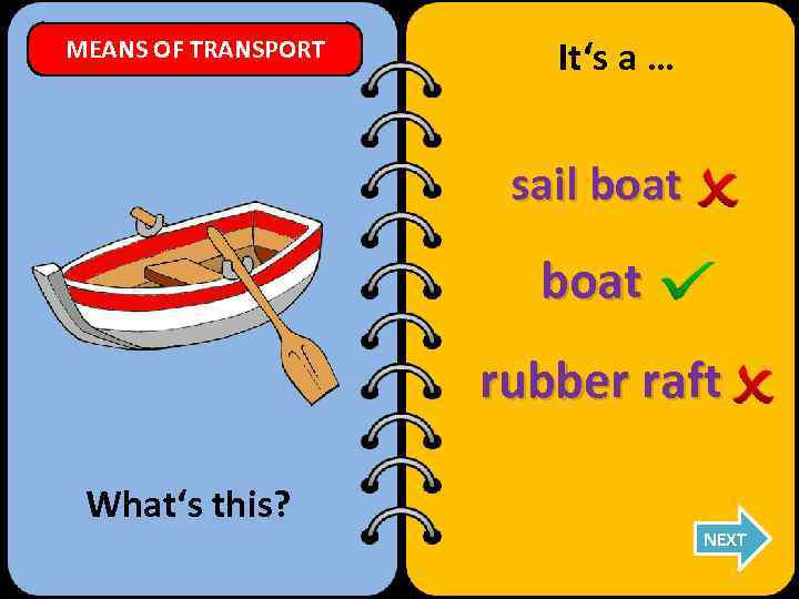 MEANS OF TRANSPORT It‘s a … sail boat rubber raft What‘s this? NEXT 