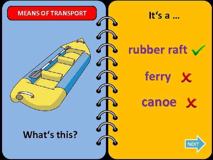 MEANS OF TRANSPORT It‘s a … rubber raft ferry canoe What‘s this? NEXT 