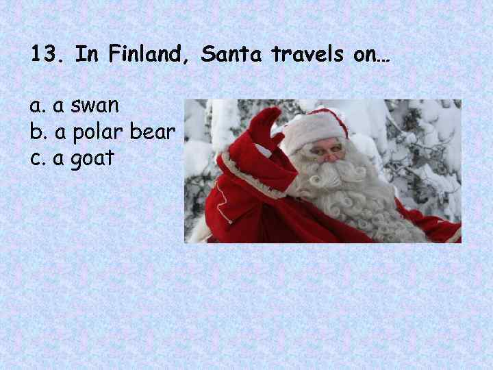 13. In Finland, Santa travels on… a. a swan b. a polar bear c.